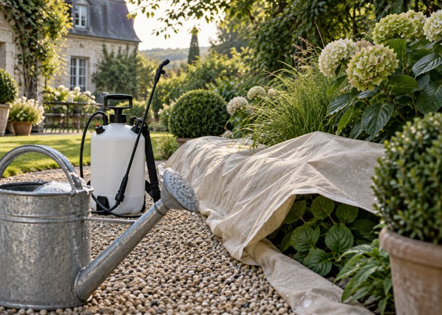 Massif de jardin protégé par une bâche pendant une intervention de nettoyage