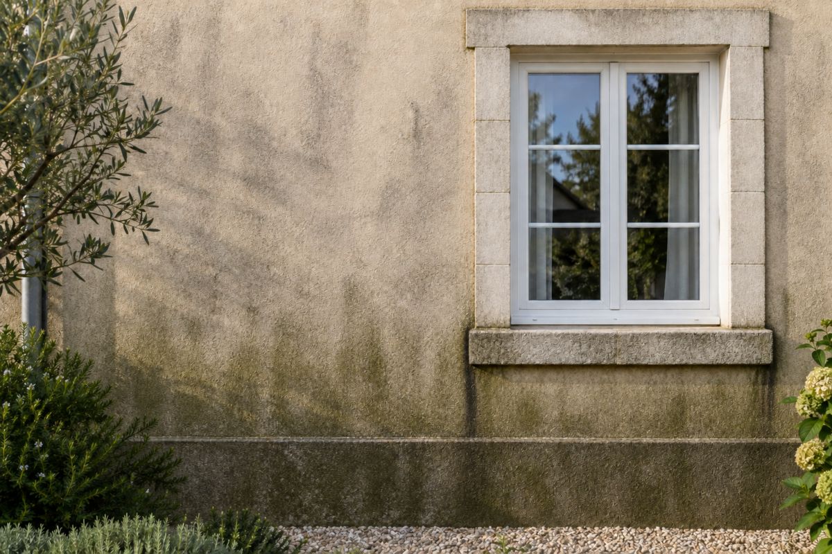 Façade en enduit noircie et verdie avant nettoyage à Tours