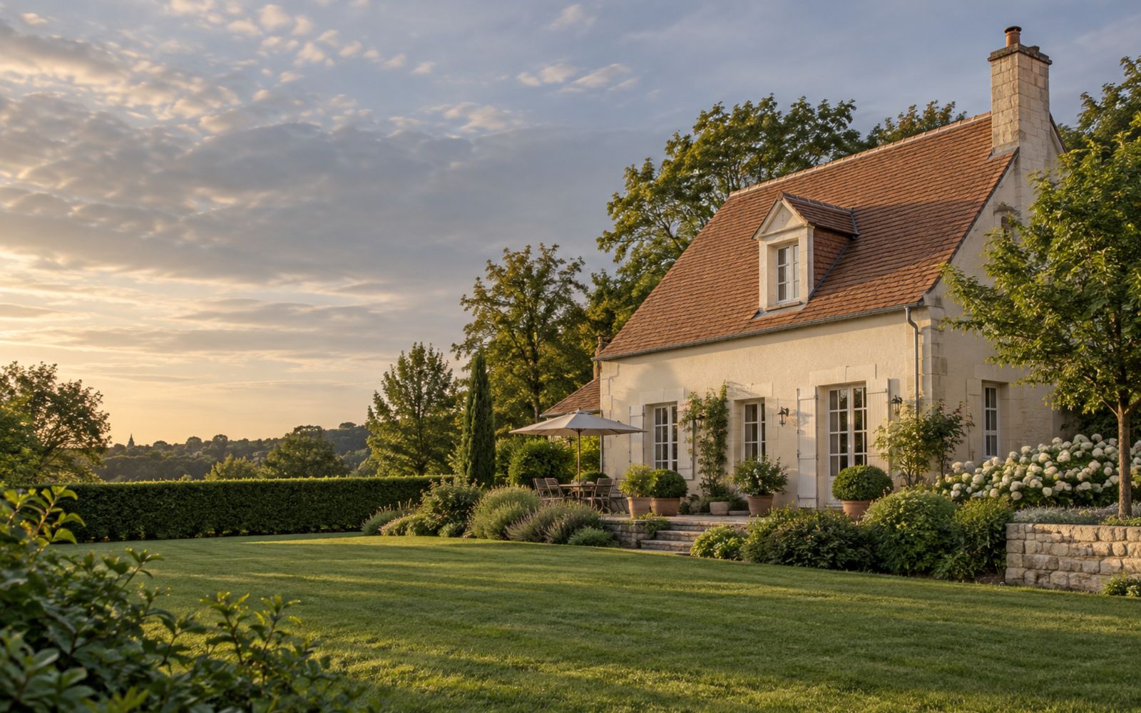 Maison tourangelle avec toiture en tuiles fraîchement démoussée