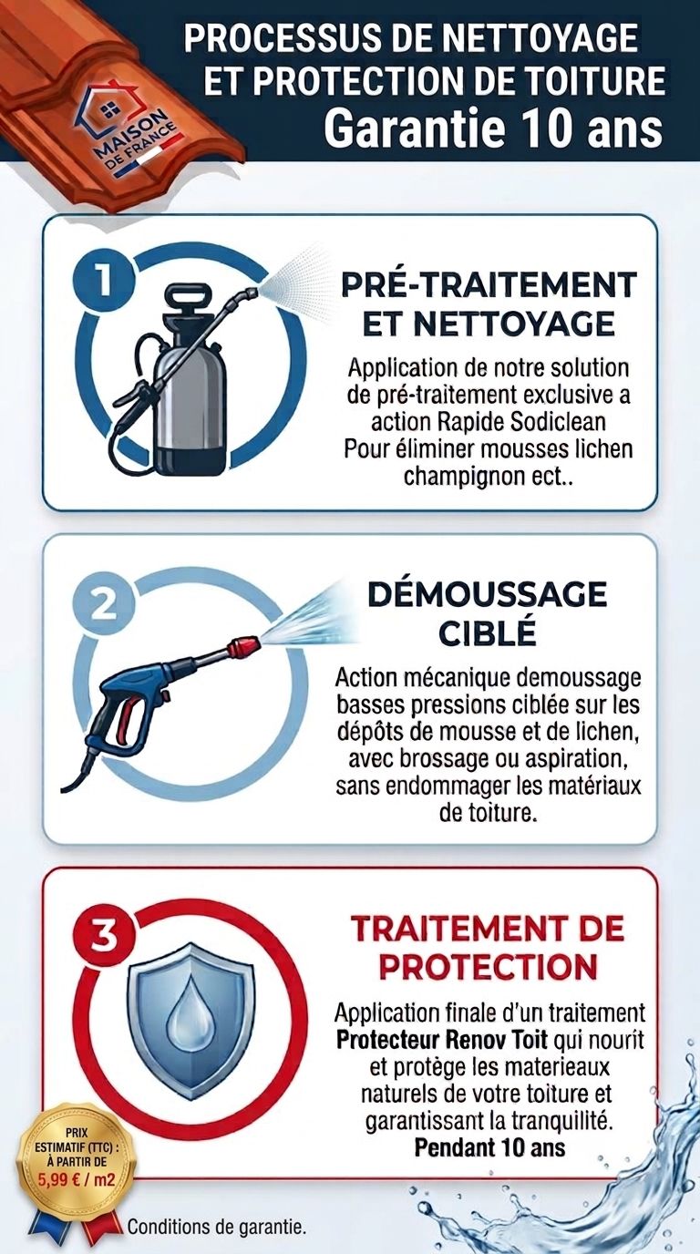 Processus de nettoyage et de protection de toiture Maison de France en trois étapes : pré-traitement et nettoyage, démoussage ciblé puis traitement de protection
